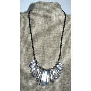 Boho Silver-Tone Statement Necklace Black Cord Geometric Etched Pendants 18-21"